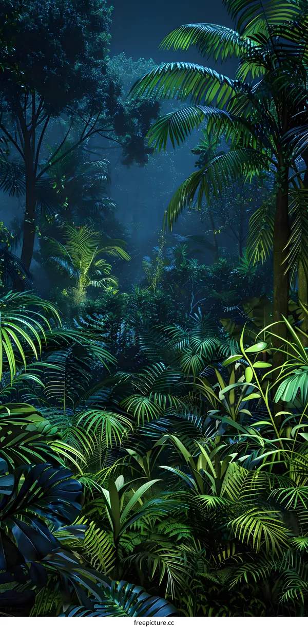 Jungle at Night, Lush Foliage and Palm Trees