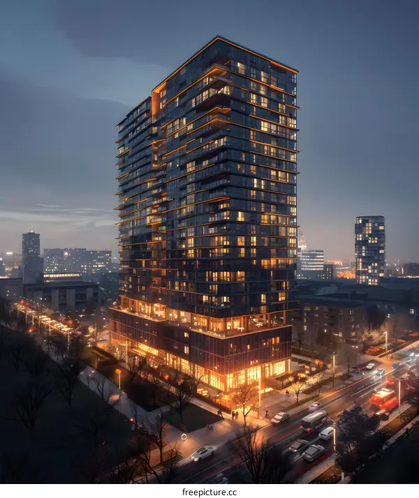 Modern High Rise Apartment Building in City at Night