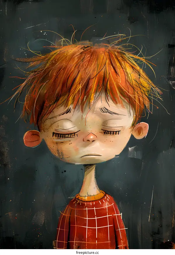boy with messy red hair in red and white striped shirt looking sad
