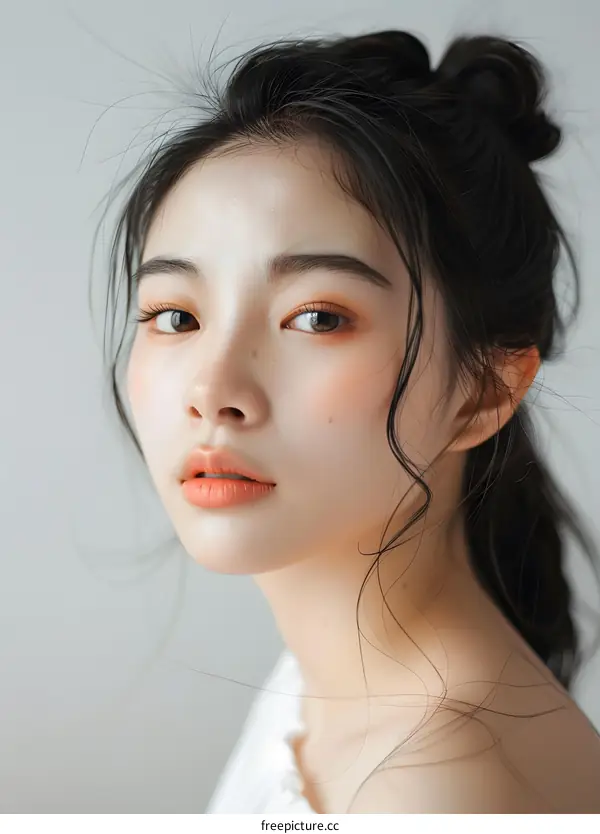 Portrait of a Young Asian Woman with Makeup and Hairstyle