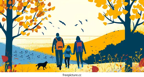 Family Hiking in Autumn Landscape