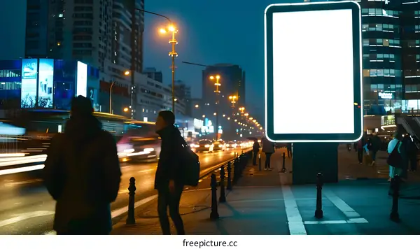 Blank Billboard on a Busy City Street at Night