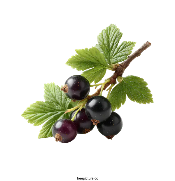 [Transparent Background PNG]Black Currants on Branch with Leaves