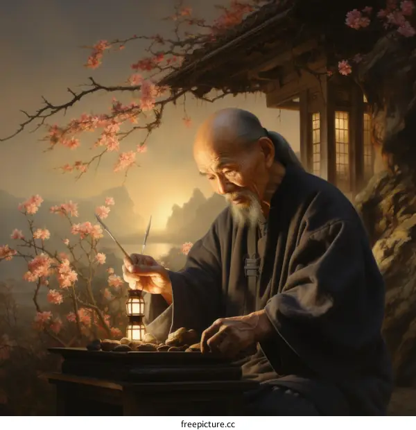A thoughtful old man is carving peach pits under the peach blossom tree.