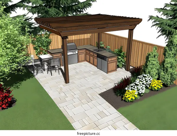 Outdoor Kitchen Design With Pergola And Patio