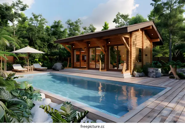 Modern Wooden Cabin with Swimming Pool and Lush Greenery