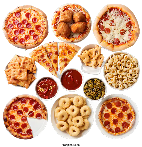 [Transparent Background PNG]Variety of Appetizers and Pizza for Party or Gathering