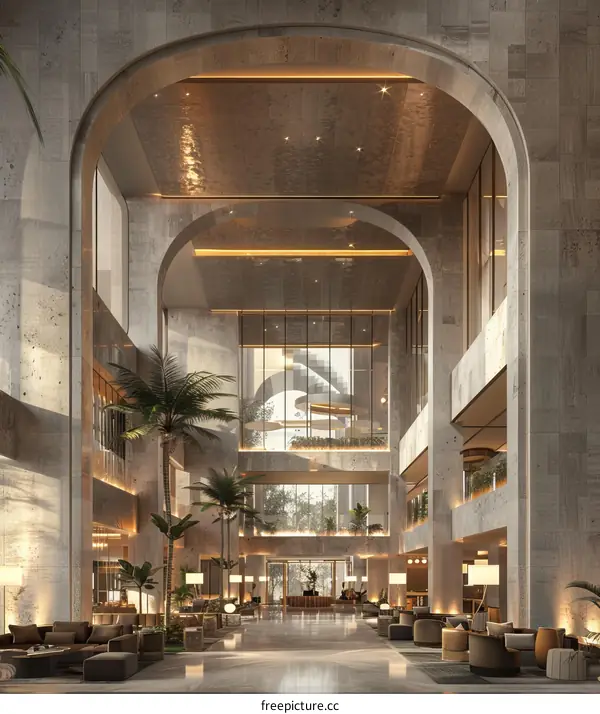 Modern Hotel Lobby with High Ceilings and Lots of Windows