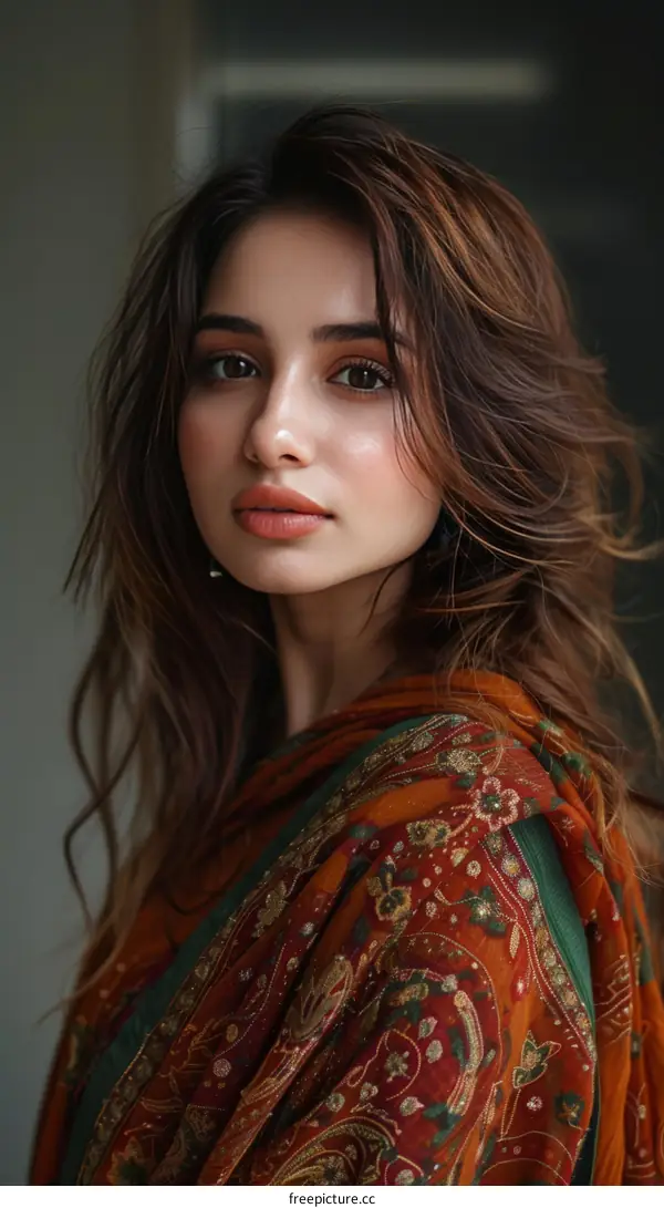 Portrait of a beautiful young woman with long brown hair wearing a colorful scarf