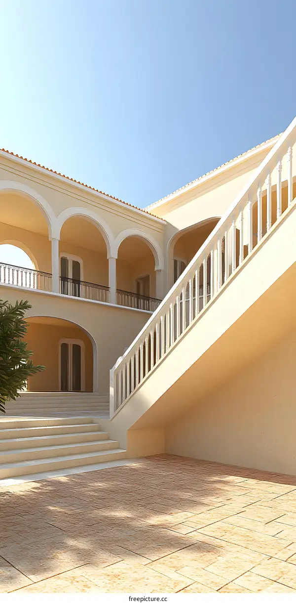 Mediterranean Style Villa Exterior With Stairs And Archways
