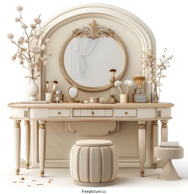 Dressing table with mirror, stool and flowers