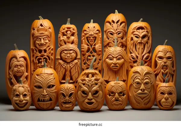 Amazingly intricate pumpkin carvings of various sizes