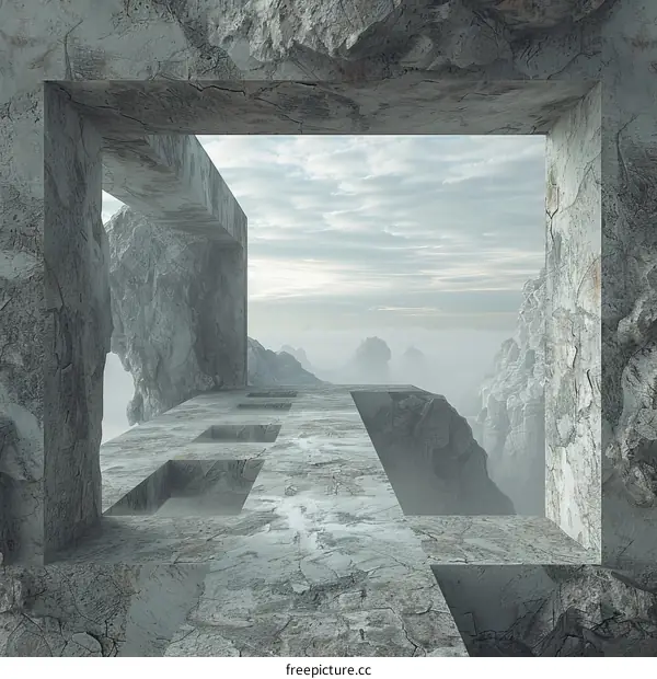 Mystical Stone Structure in a Foggy Mountain Landscape