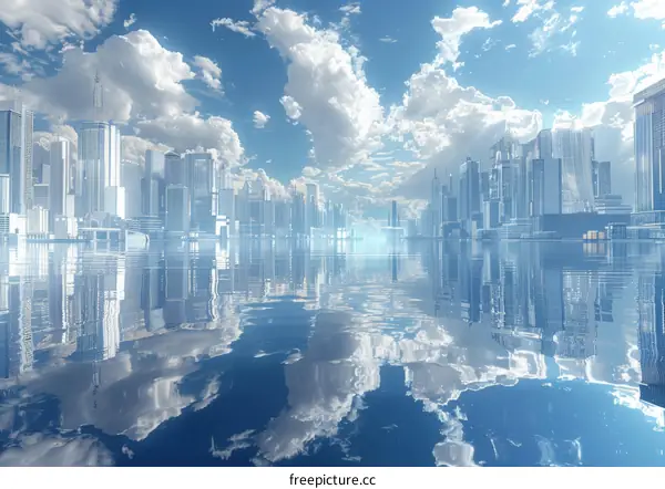 Futuristic City Reflection on Calm Water
