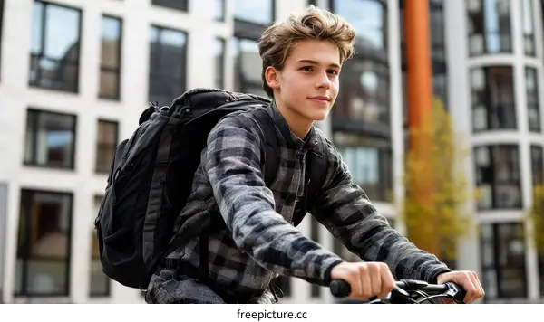 Teenage boy riding bicycle in city street