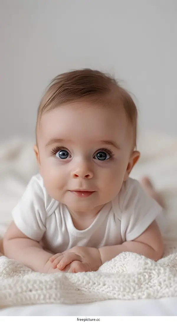 An adorable baby girl with big blue eyes and long eyelashes is lying on a soft white blanket and looking at the camera