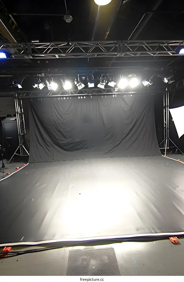 Empty Stage With Lights and Black Curtains