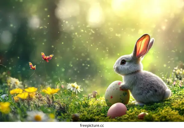 Cute Easter Bunny with Easter Egg in a Spring Meadow