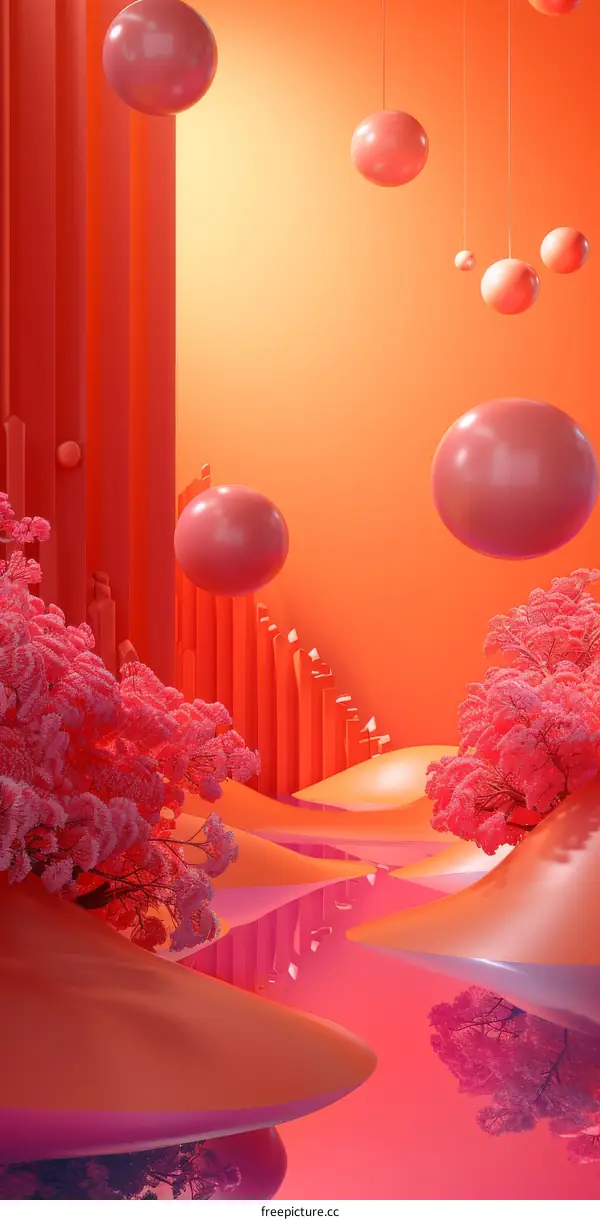 Pink and orange surreal landscape with pink trees and floating spheres