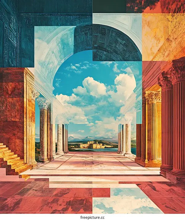 Archway Leading to A Classic Building Under a Blue Sky