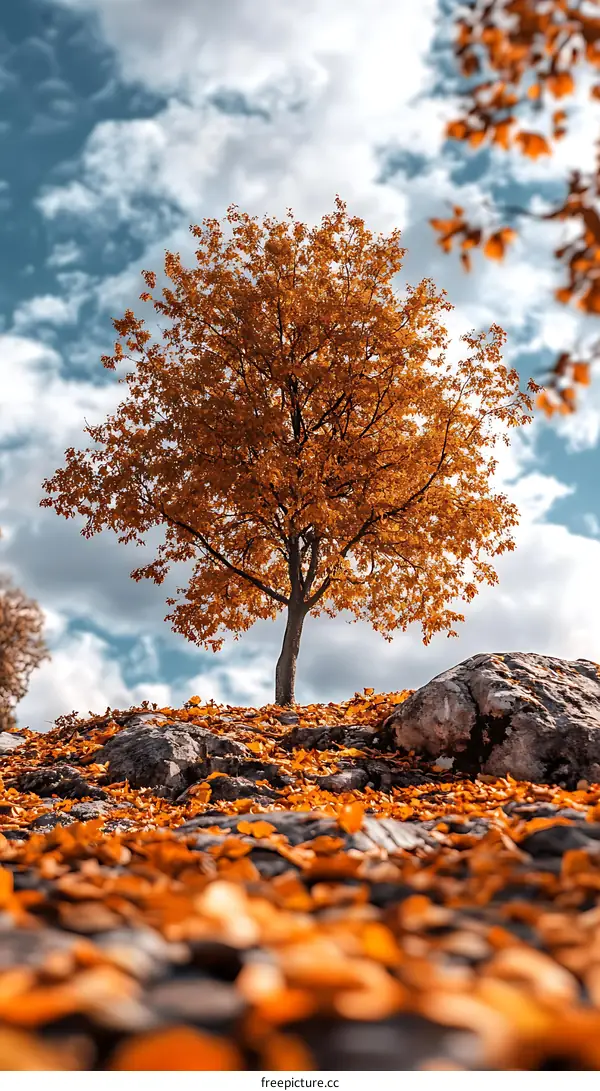 Autumn Tree with Golden Leaves and Cloudy Sky