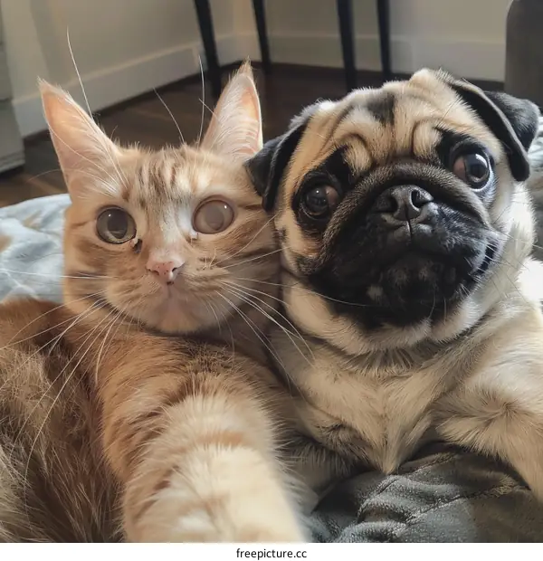 A ginger cat and a pug are lying on a bed and looking at the camera