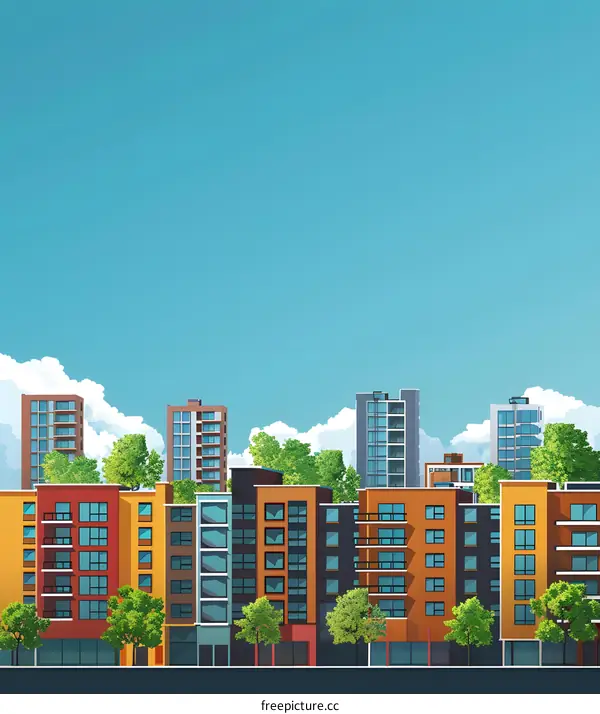 Modern Cityscape With Blue Sky And Green Trees