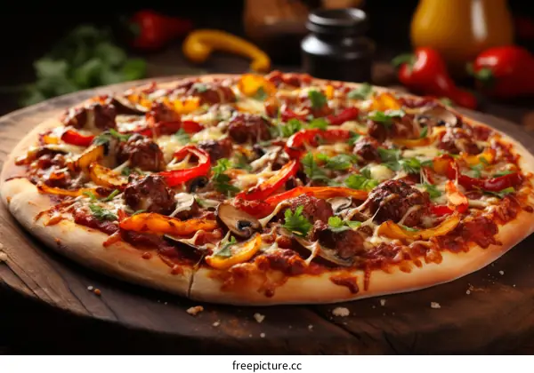 A mouthwatering pizza topped with savory meatballs, colorful peppers, and earthy mushrooms
