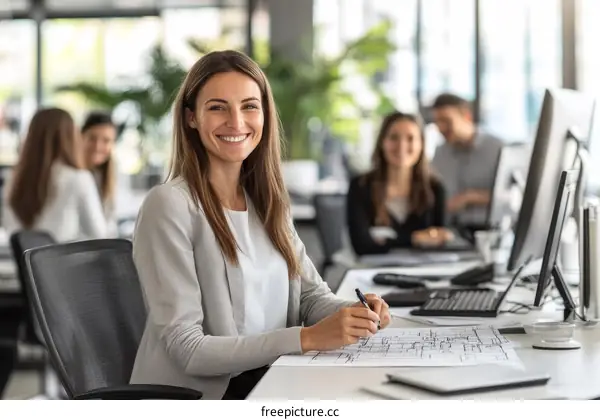 Business woman working on blueprints in an office
