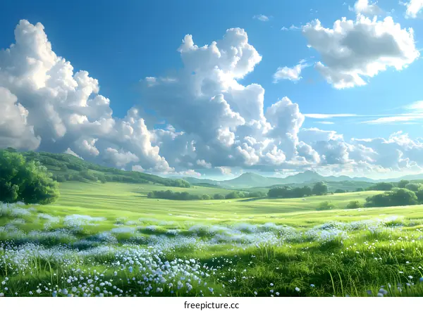 Green rolling hills under a blue sky with white clouds