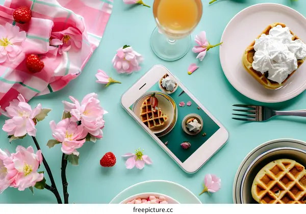 Flat lay Food Photography with Waffles and Flowers
