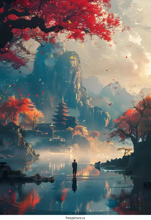 Serene Autumn Temple by the Lake