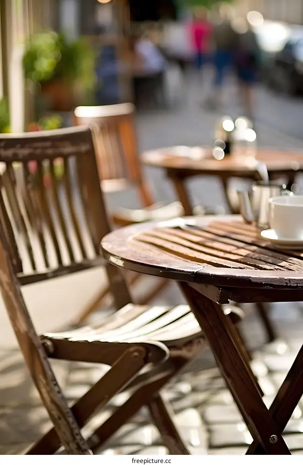 Wooden Table and Chairs in a European Outdoor Cafe Setting