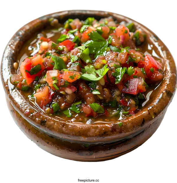 [Transparent Background PNG]Fresh tomato salsa in a clay bowl