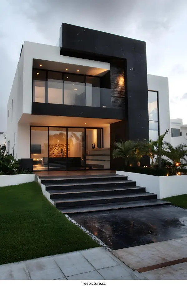 Modern Black and White House with Glass Windows and Steps