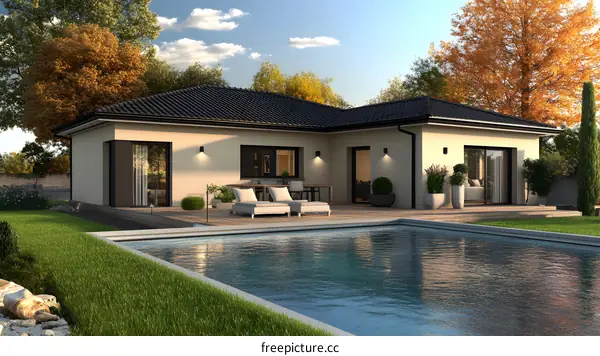 Modern House with Swimming Pool and Autumn Trees