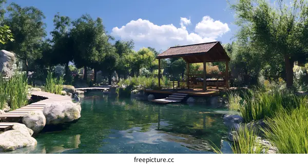 Wooden Gazebo Over Pond In Lush Green Garden