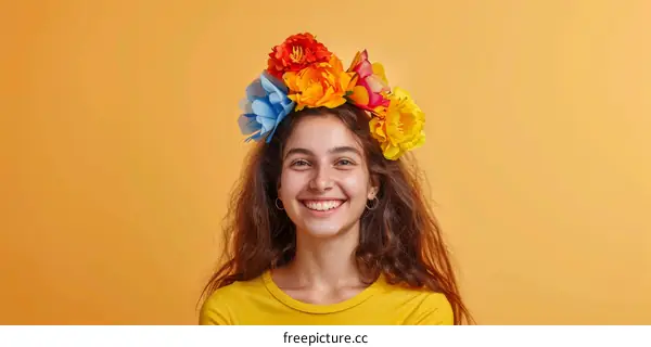 Cheerful young woman with wreath of flowers smiling at camera