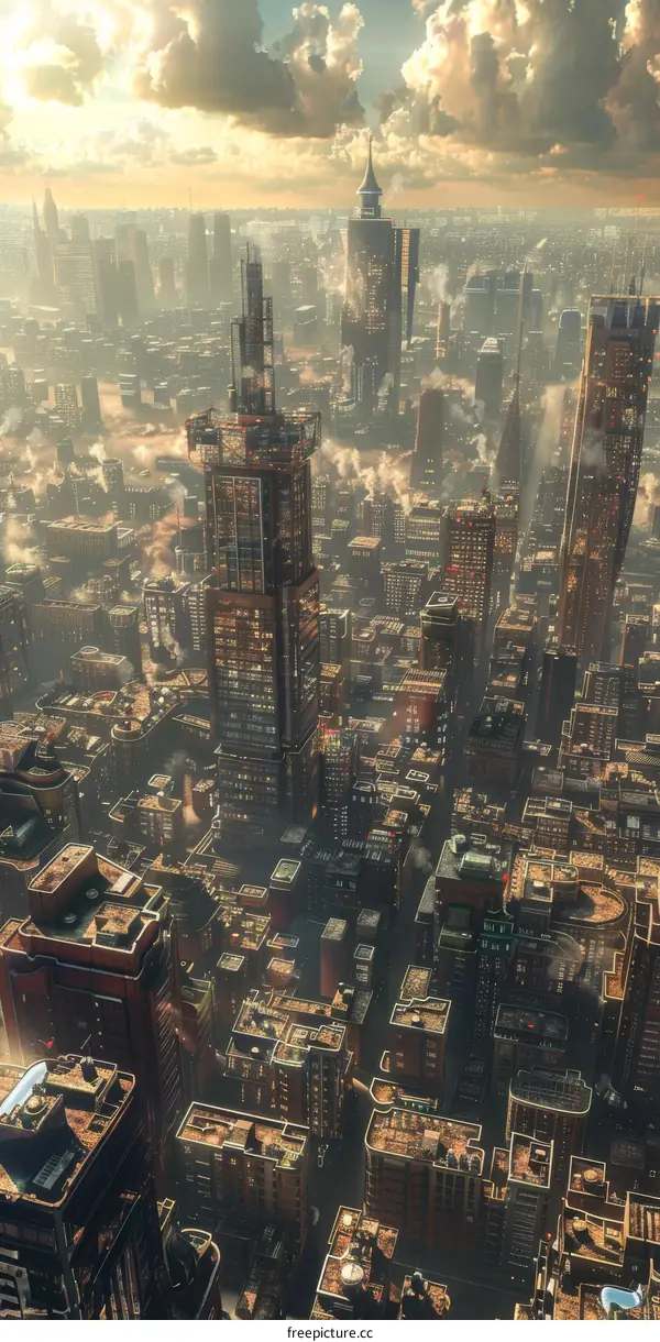 Futuristic City with Towering Buildings and Skyscrapers