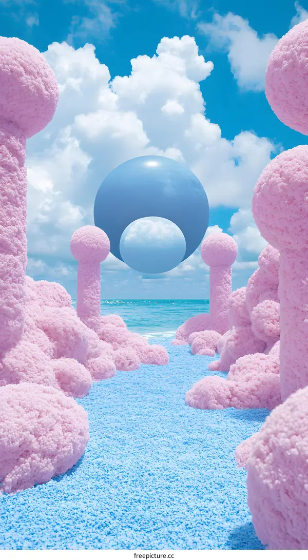 Pink and Blue Surreal Landscape with Floating Sphere