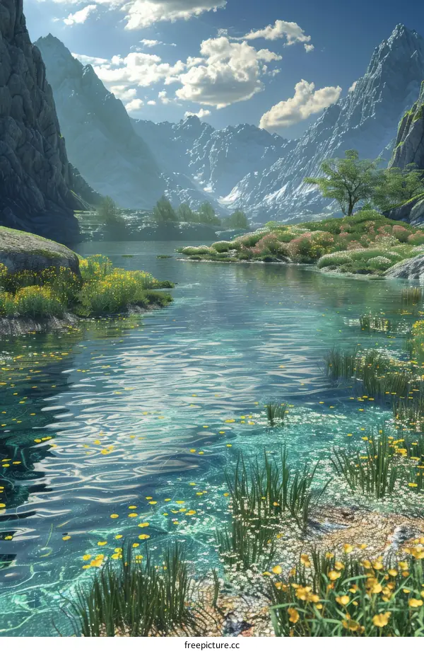 Lakeside Landscape with Mountains and Wildflowers