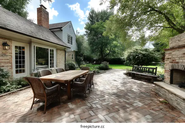 Outdoor Patio Dining Area with Brick Pavers and Landscaping