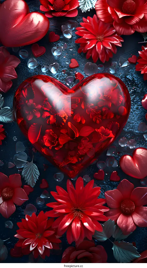 Glass heart with red flowers