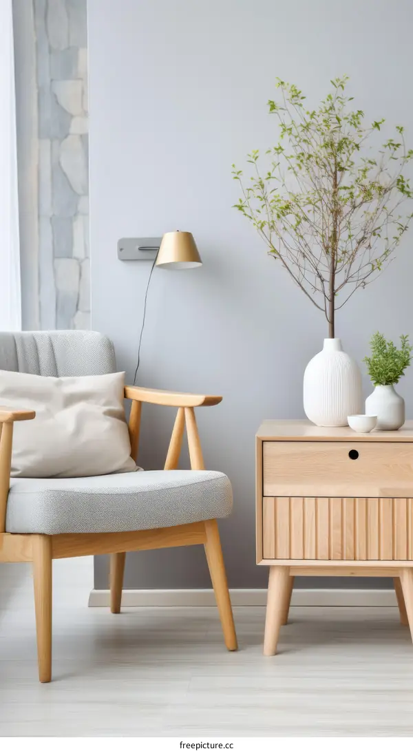 Gray Armchair with Wooden Nightstand and Plant