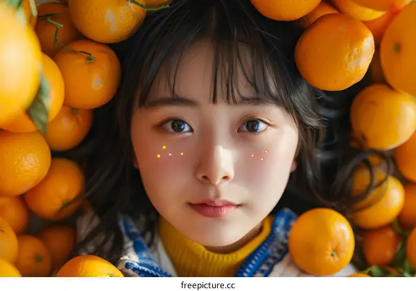 Freckled Asian Girl Posing with Oranges