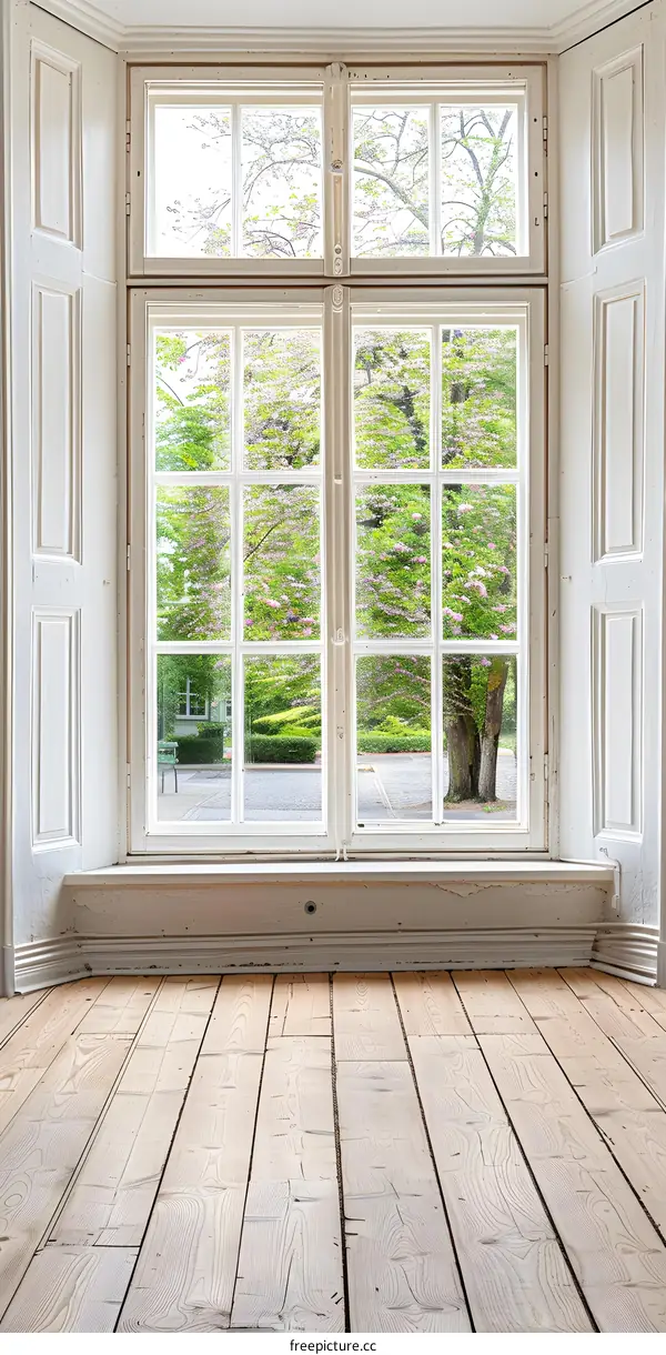 Old Window with View of Trees and Green Space