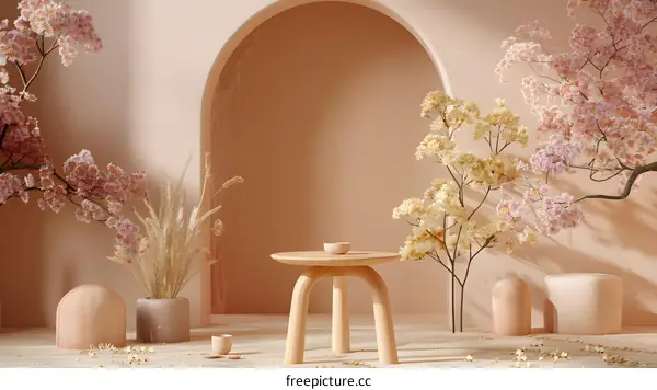 Minimalist Wooden Table with Flowers and Arch