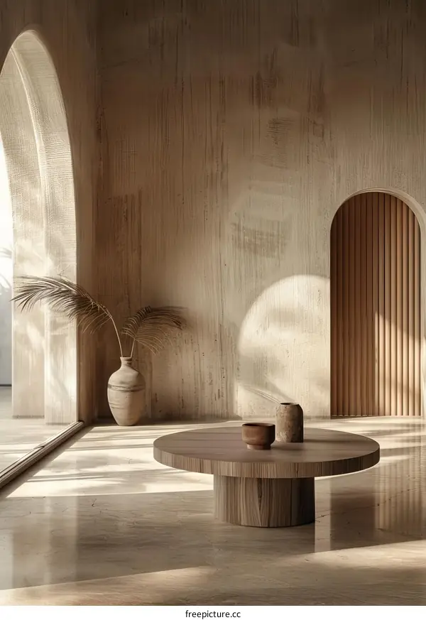 Modern Interior Design With Arch Doorway And Wooden Blinds