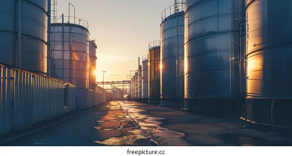 Oil Storage Tanks at an Industrial Oil Refinery Facility