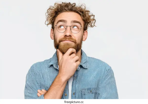 Thoughtful Caucasian Man with Curly Hair and Glasses